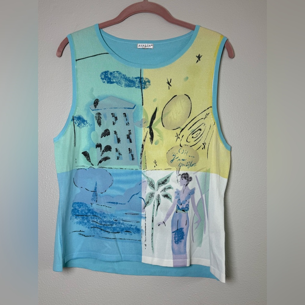 Avalin Pastel Blue & Yellow Tropical Print Sleeveless Tank